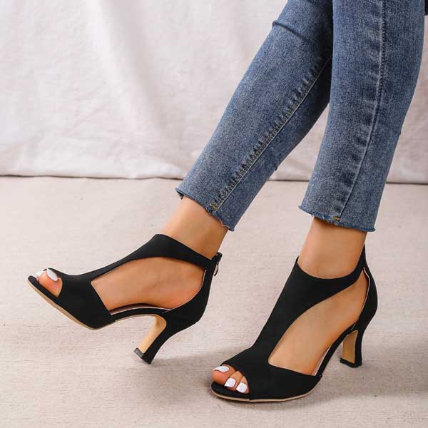Peep Toe Cut Out Back Zip Block Heel Sandals