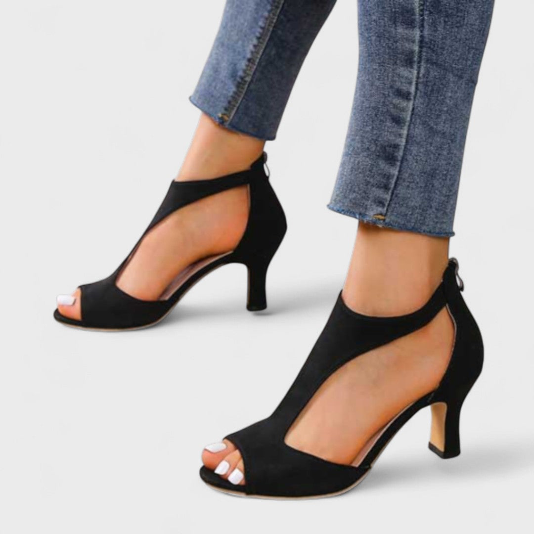 Peep Toe T-Strap Back Zip Heeled Sandals