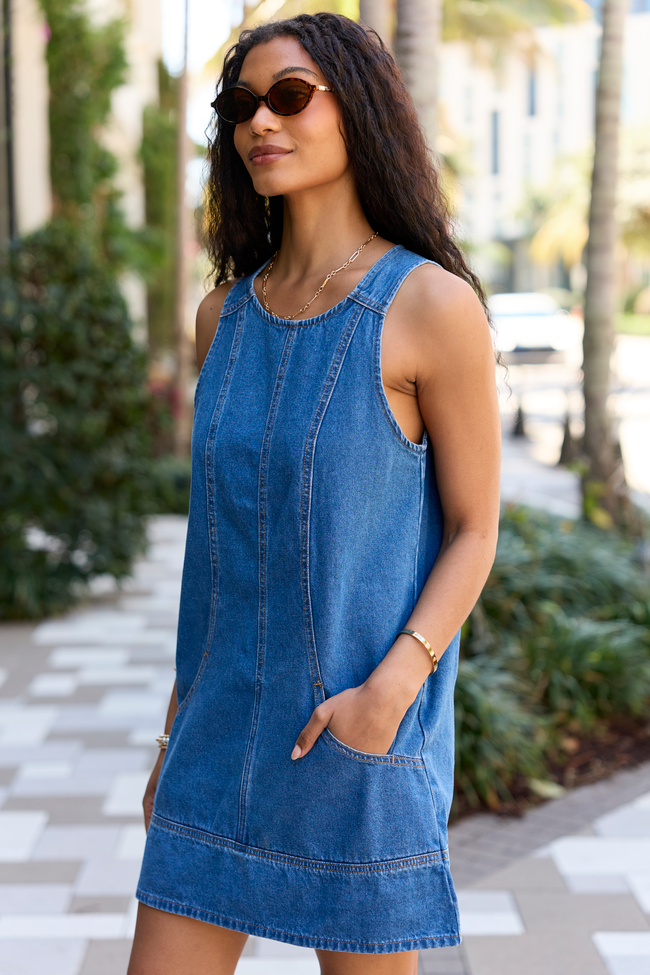 Denim Crew Neck Sleeveless Seam Pocket Shift Mini Dress 3