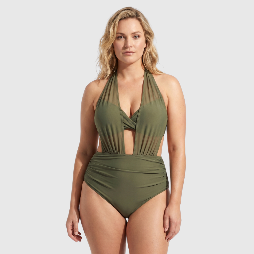 Halter Neck Cut Out Ruched One Piece Swimsuit
