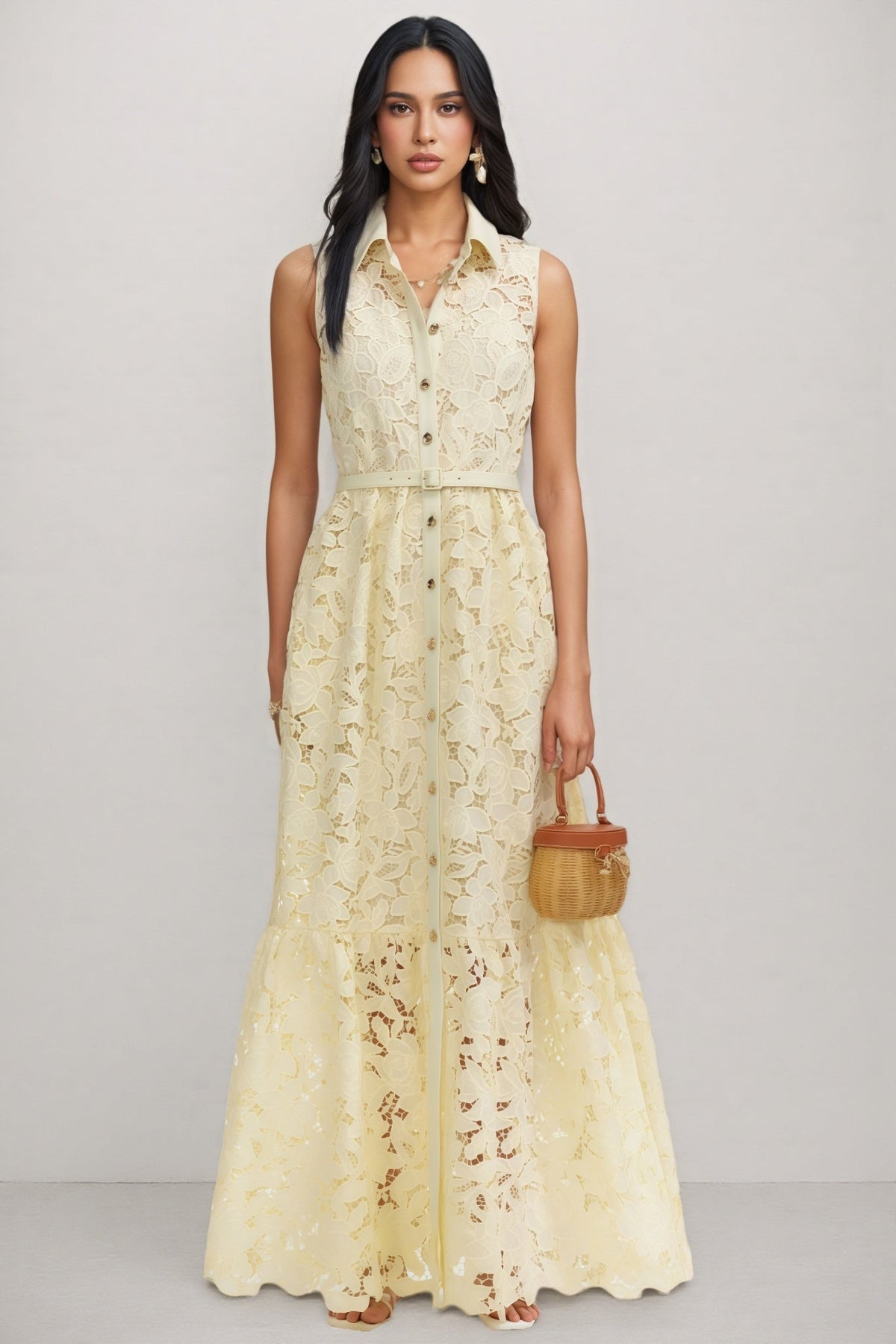 Floral Cut Out Lace Sleeveless Collared Button Front Belted Tiered Maxi Dress