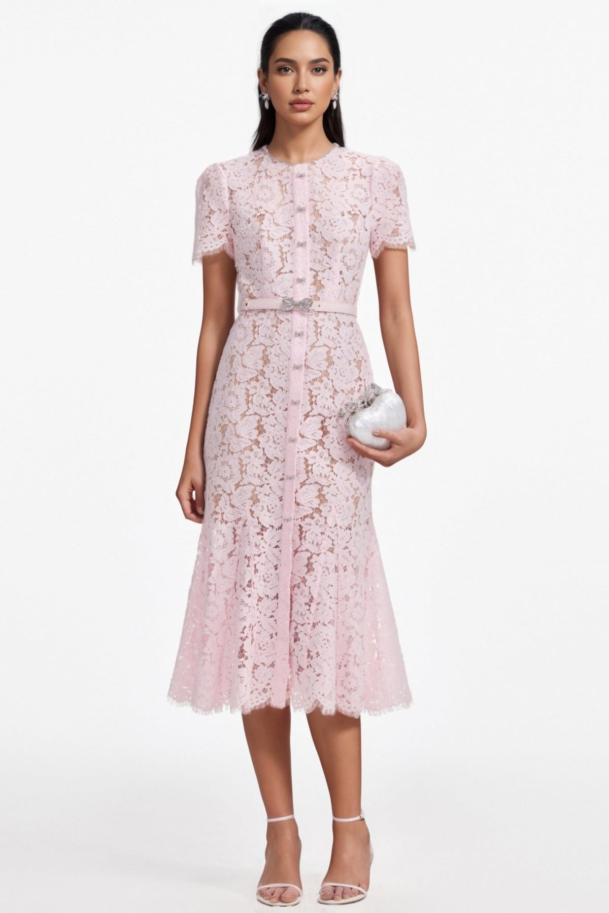 Floral Lace Short Sleeve Button Front Bow Belt Flared Hem Midi Dress