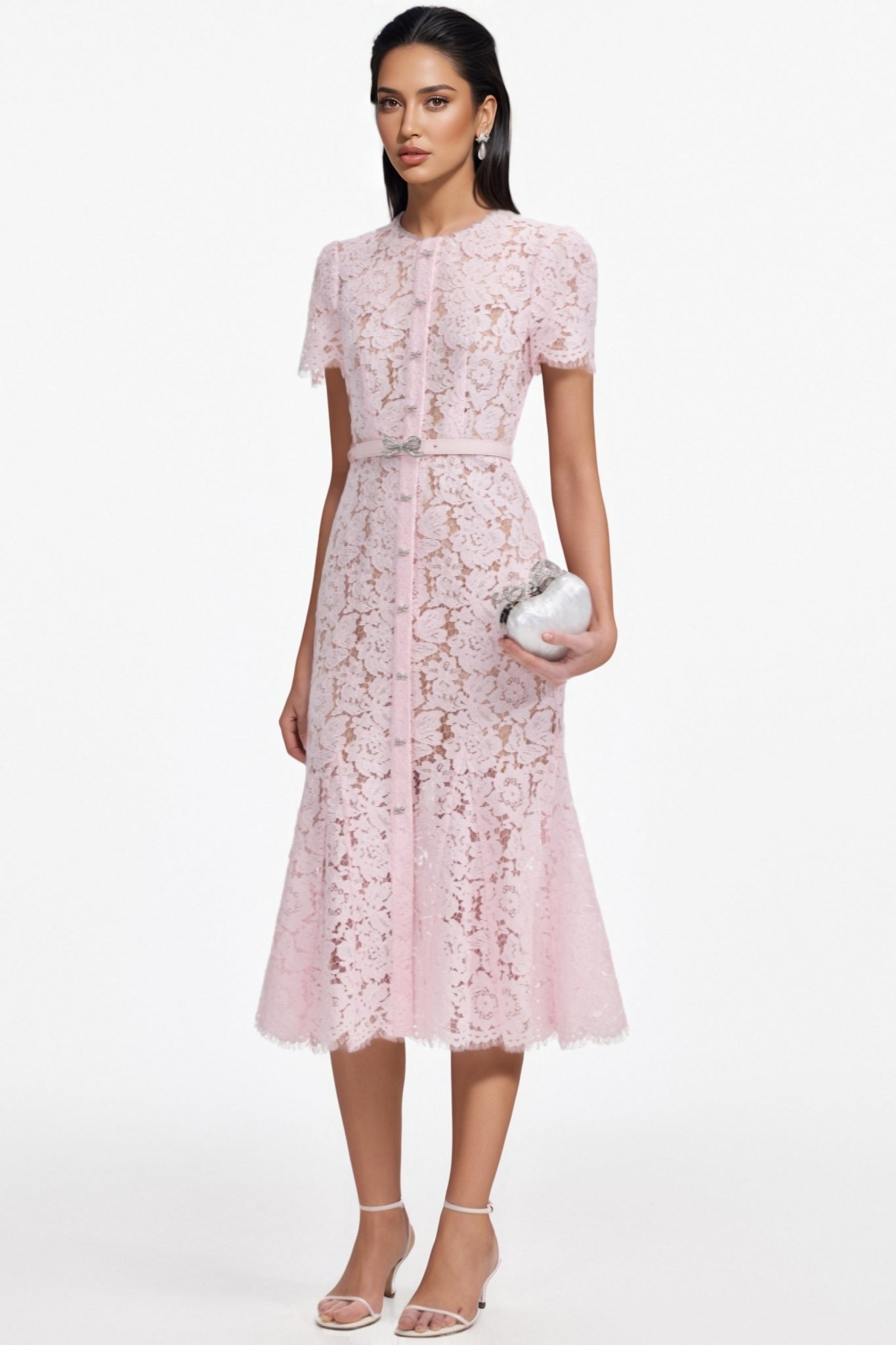 Ariela Pink Lace Bow Trim Midi Dress - View 2