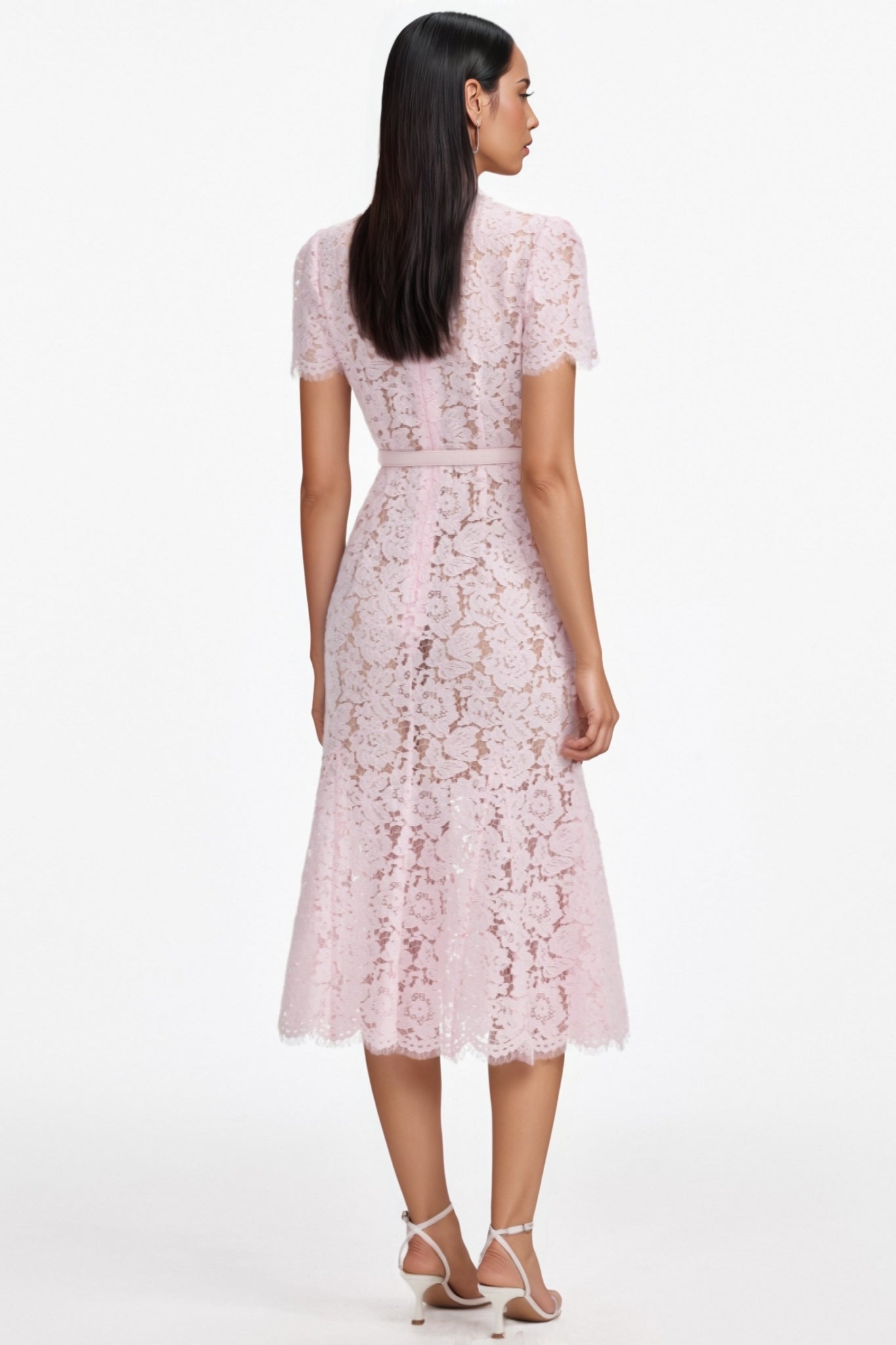 Ariela Pink Lace Bow Trim Midi Dress - View 4