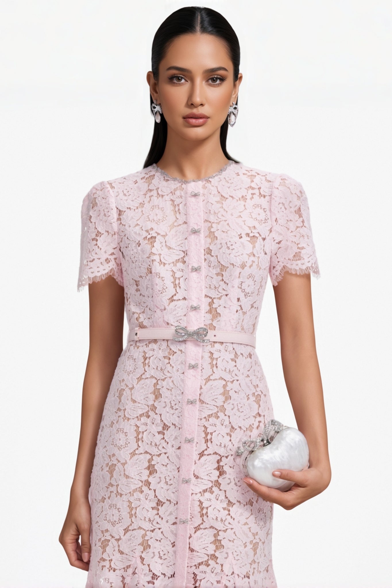 Ariela Pink Lace Bow Trim Midi Dress - View 3