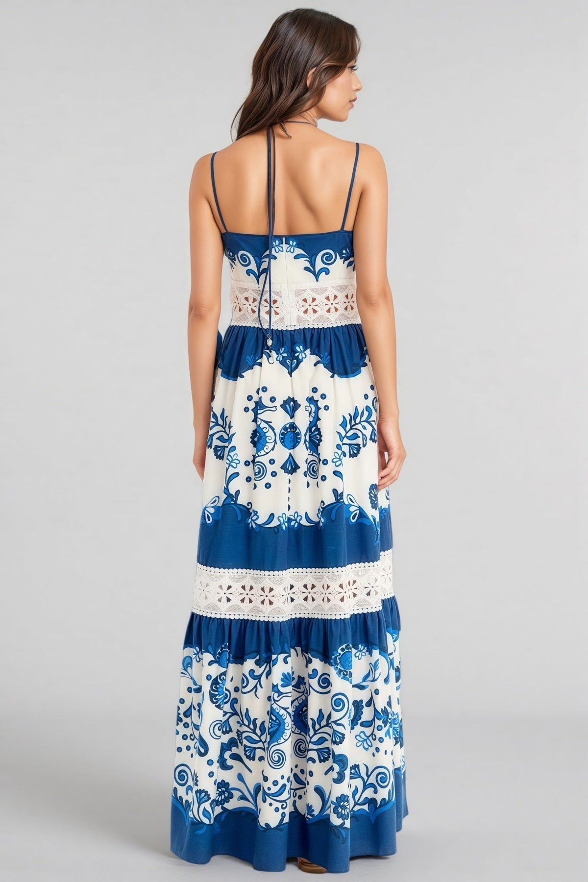 Seahorse Floral Print V-Neck Sleeveless Crochet Lace Trim Tiered Maxi Dress 3