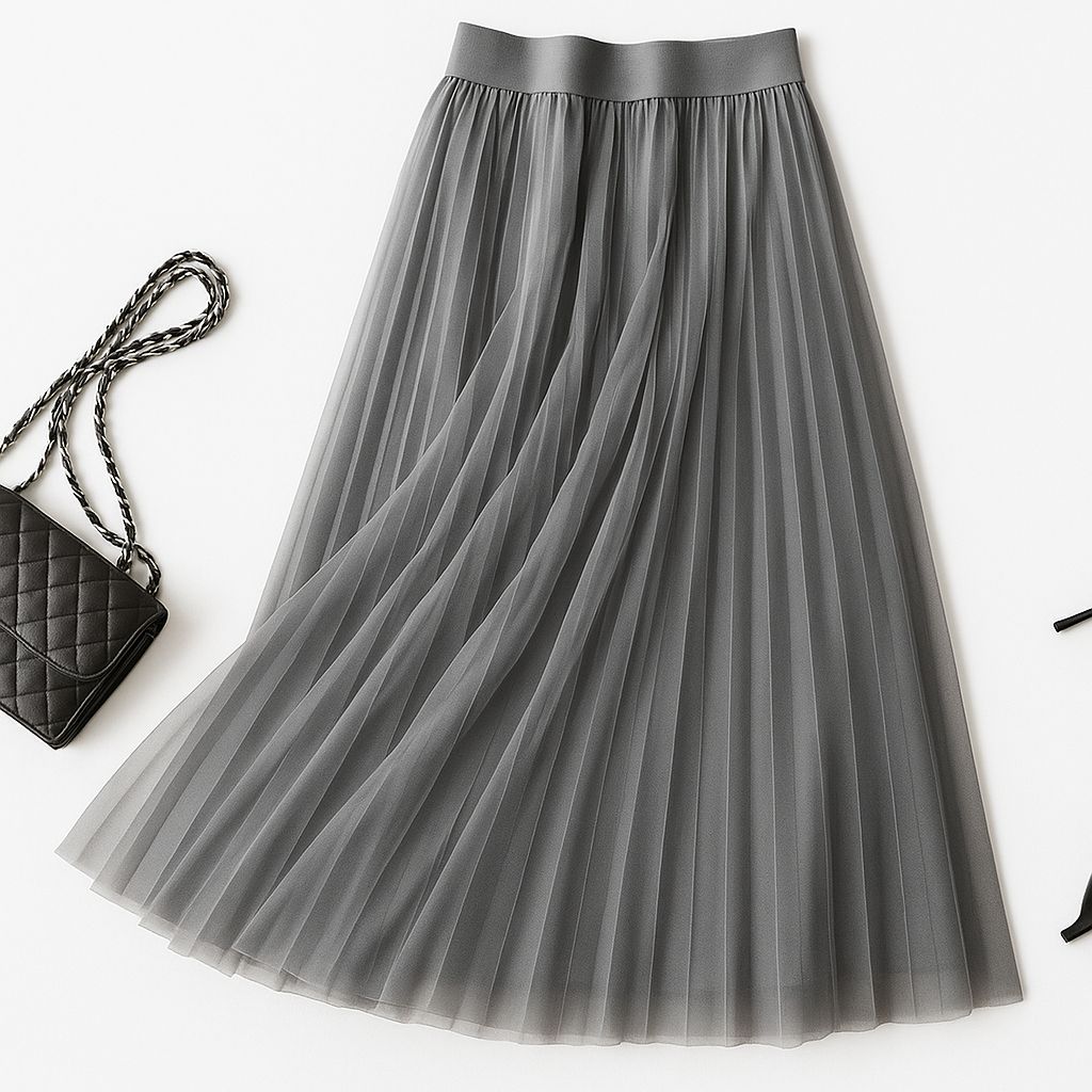 High Waist Pleated Tulle Midi Skirt