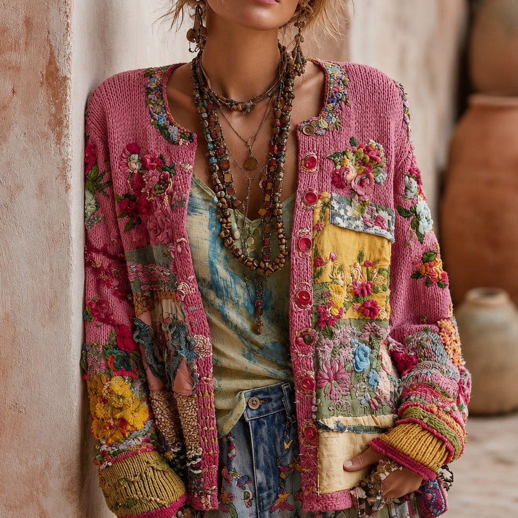 Floral Patchwork Button Front Knit Cardigan