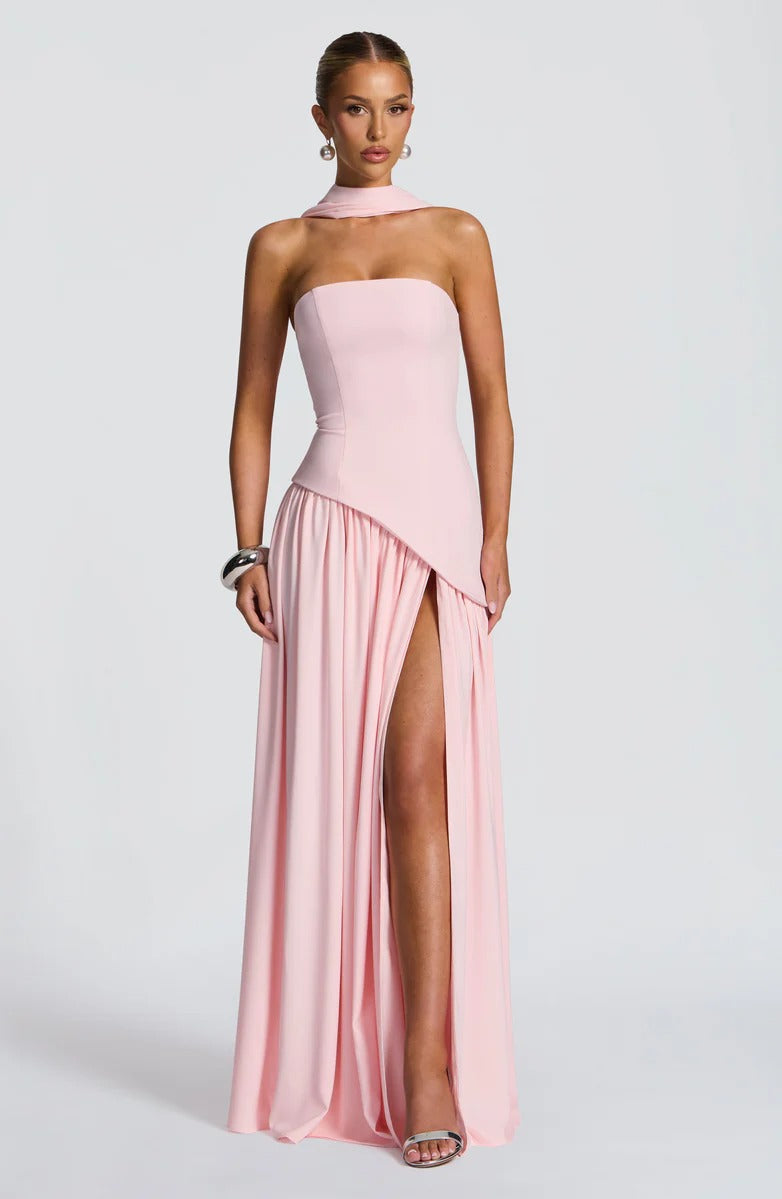 Strapless Asymmetric Drop Waist High Split Maxi Dress with Scarf 60