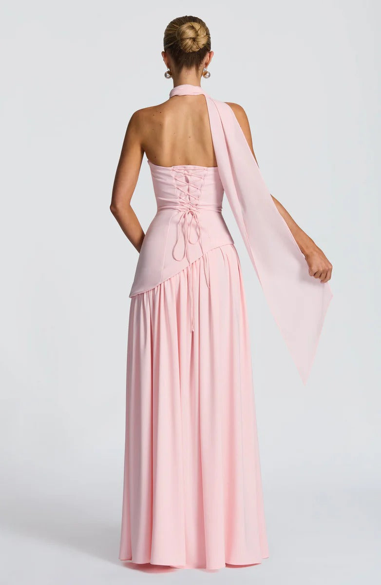 Strapless Asymmetric Drop Waist High Split Maxi Dress with Scarf 62