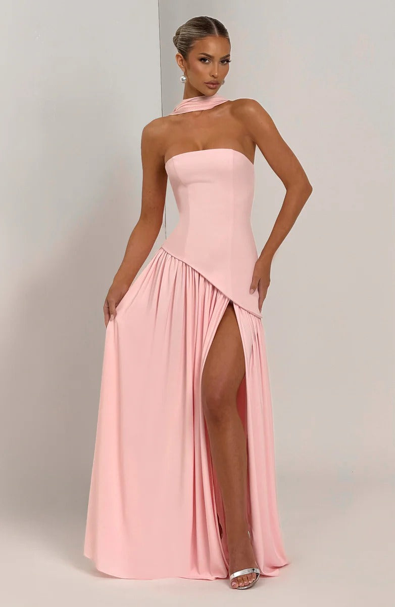 Strapless Asymmetric Drop Waist High Split Maxi Dress with Scarf 64