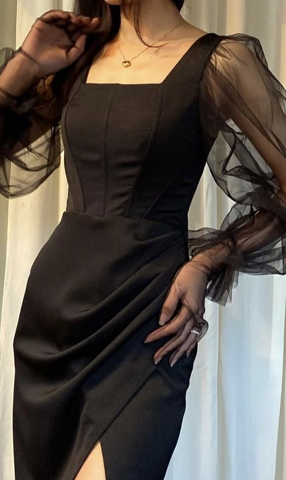 Elegant Black Sheath Long Sleeves Side Slit Prom Dresses cc1159