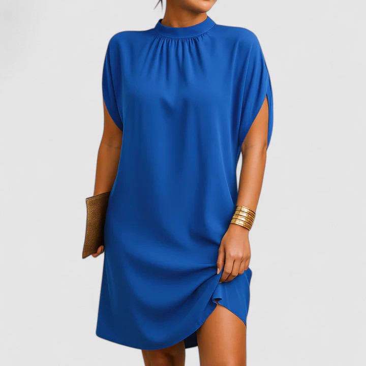Ruched Mock Neck Sleeveless Shift Dress
