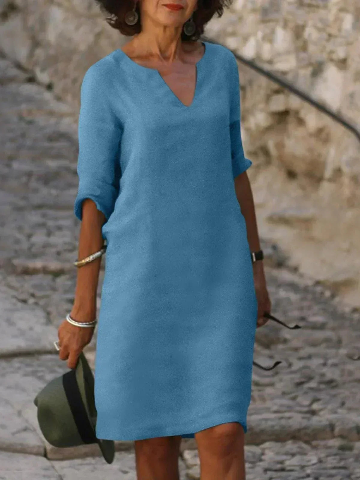 V-Neck Short Sleeve Pocket Shift Midi Dress 10
