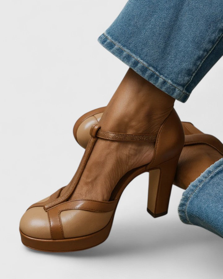 Round Toe T-Strap Platform Block Heel Pumps