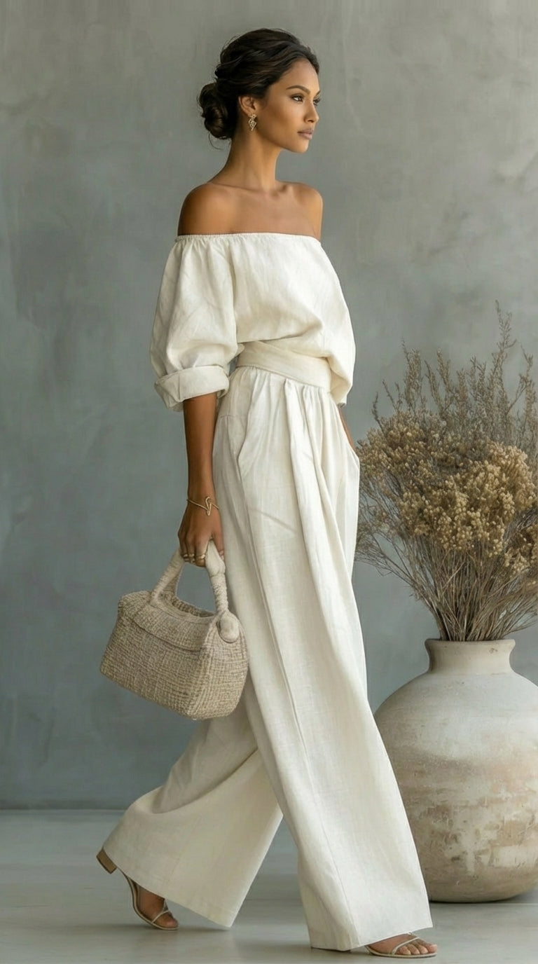 Off Shoulder Top and Wide Leg Pants Two Piece Set