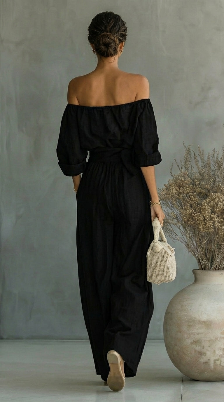 Off Shoulder Top and Wide Leg Pants Two Piece Set