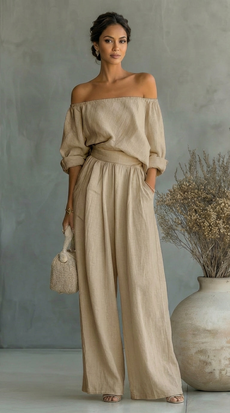 Off Shoulder Top and Wide Leg Pants Two Piece Set