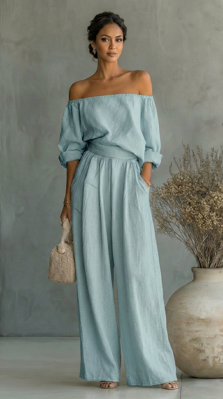 Off Shoulder Top and Wide Leg Pants Two Piece Set