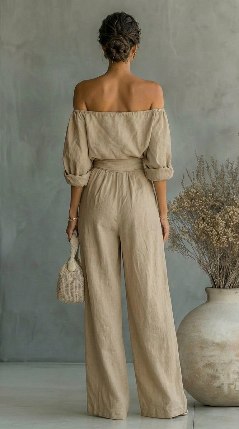 Off Shoulder Top and Wide Leg Pants Two Piece Set