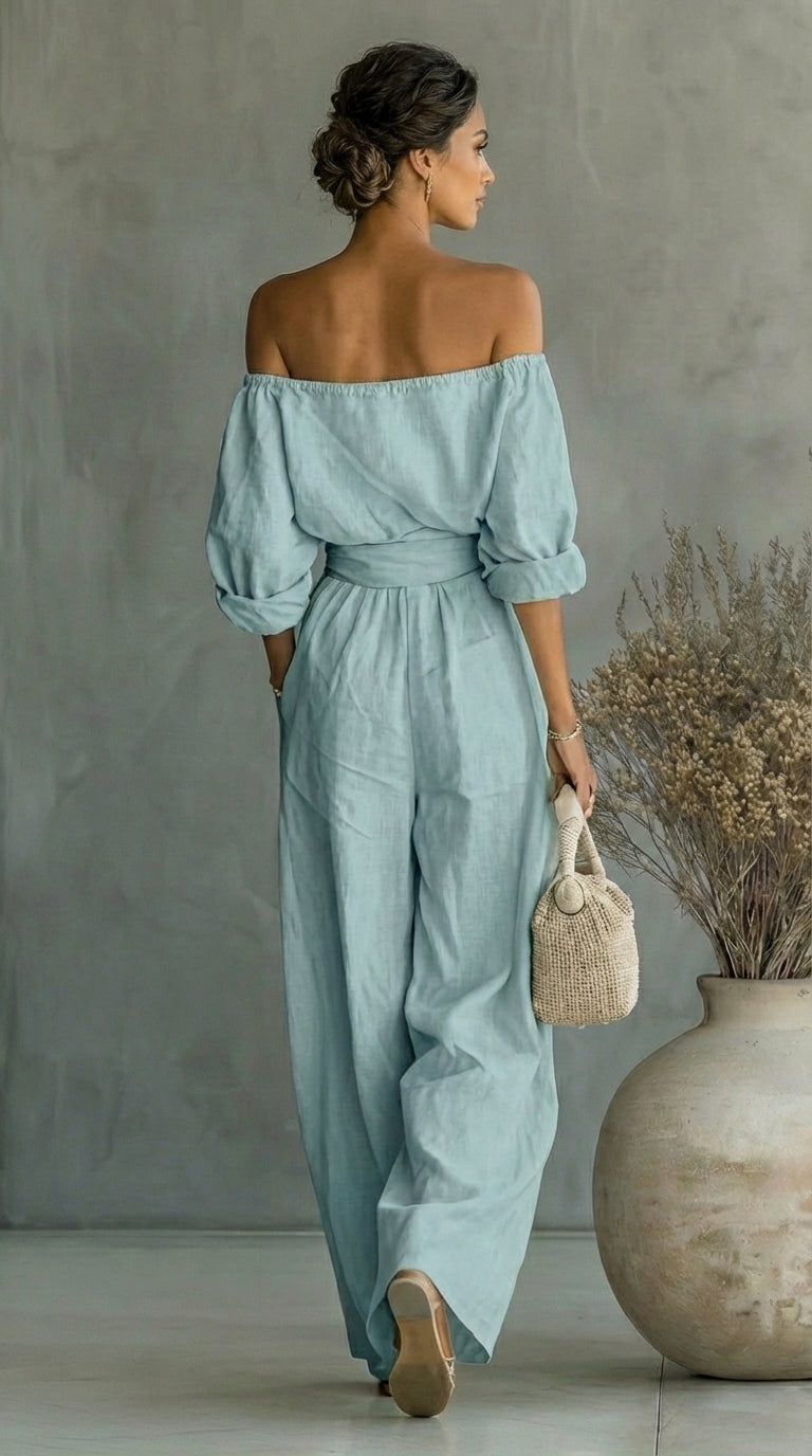Off Shoulder Top and Wide Leg Pants Two Piece Set