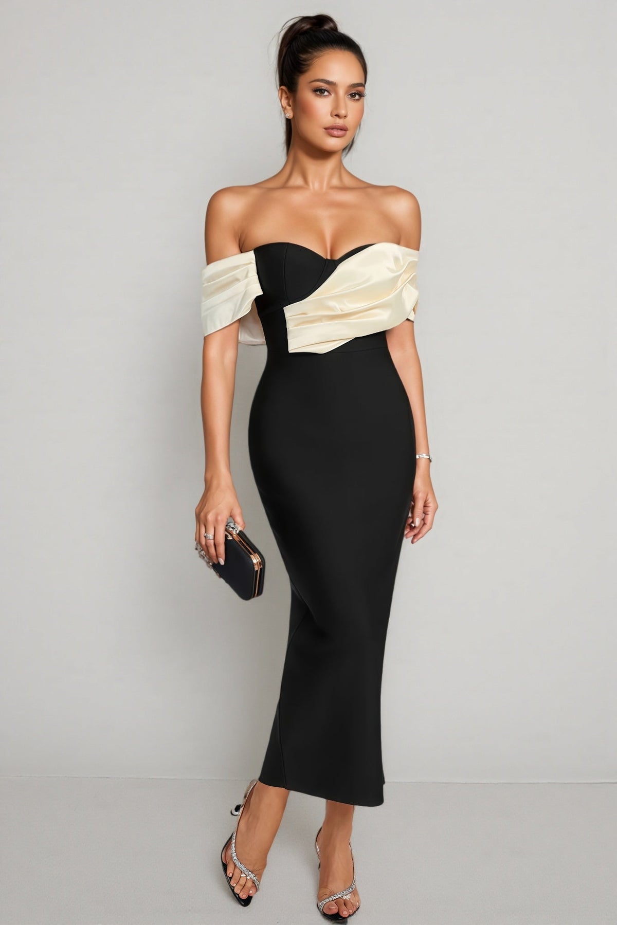 Off Shoulder Contrast Satin Drape Sweetheart Neck Bandage Midi Dress