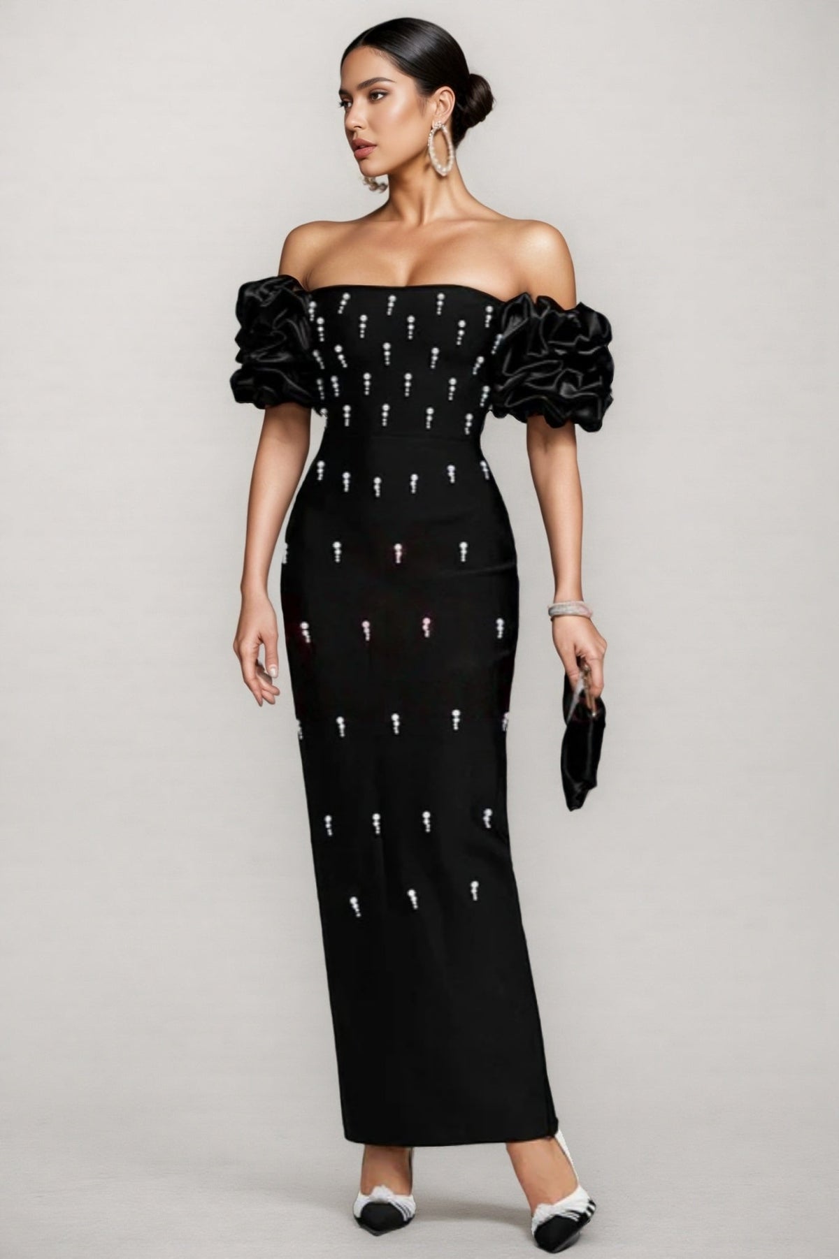 Off Shoulder Ruffle Sleeve Faux Pearl Embellished Bandage Maxi Dress