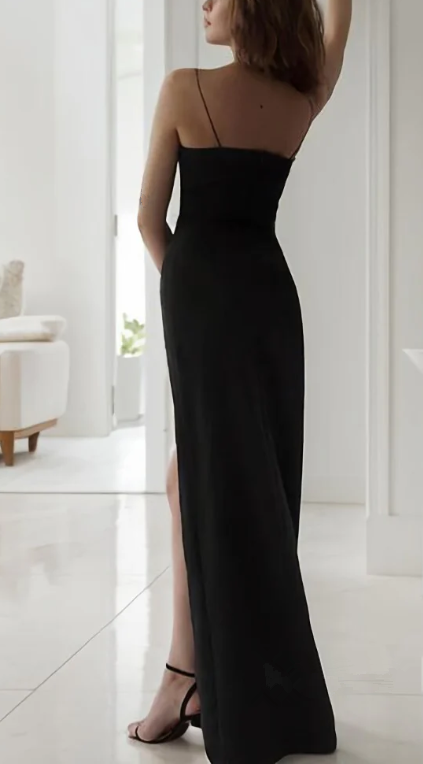 Black Spaghetti Straps Sheath Slit Long Prom Dress Sexy Evening Dress cc1860