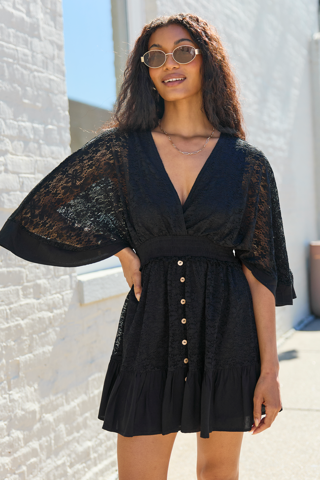 Lace Deep V-Neck Kimono Sleeve Button Front Ruffle Hem Mini Dress