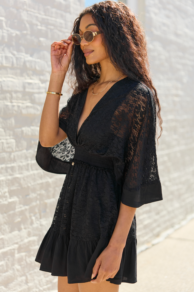 Lace Deep V-Neck Kimono Sleeve Button Front Ruffle Hem Mini Dress 3