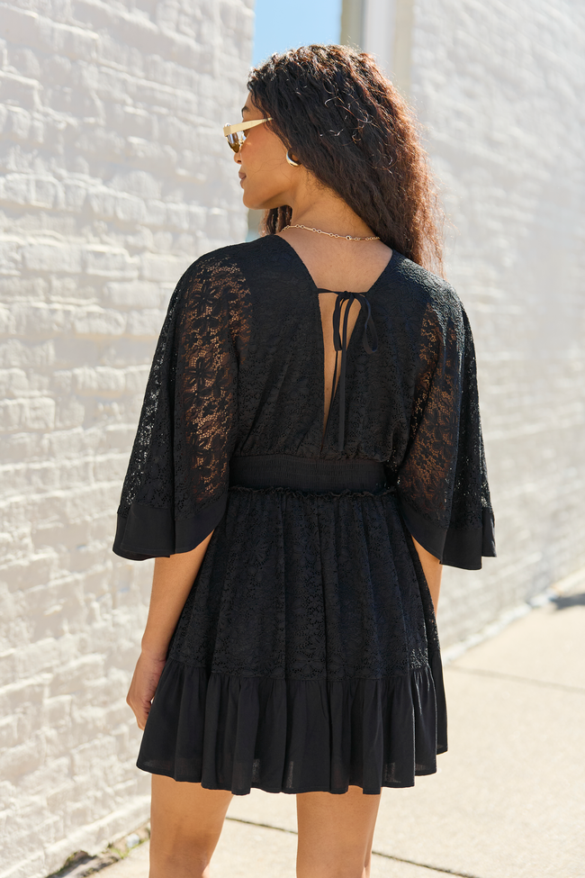 Lace Deep V-Neck Kimono Sleeve Button Front Ruffle Hem Mini Dress 4