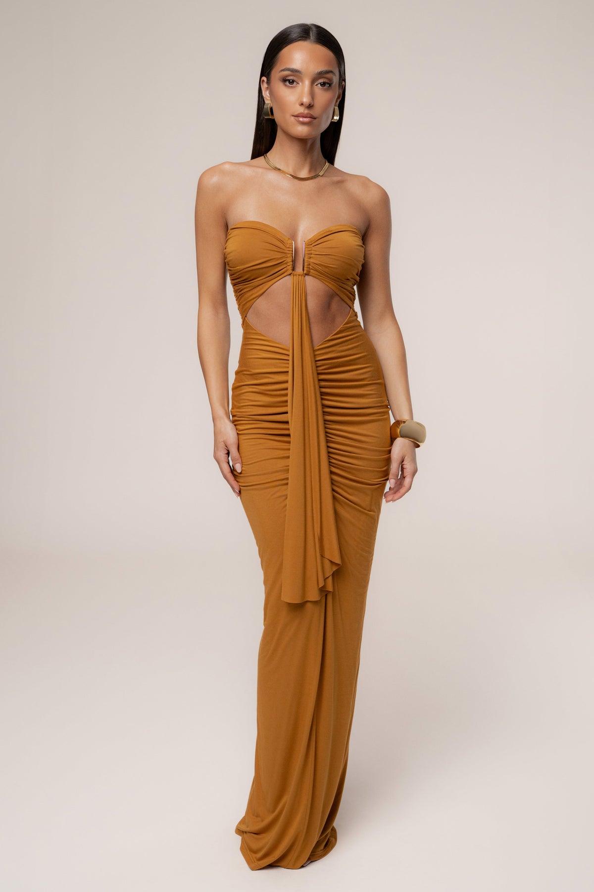 Strapless Cut Out Ruched Drape Front Bodycon Maxi Dress
