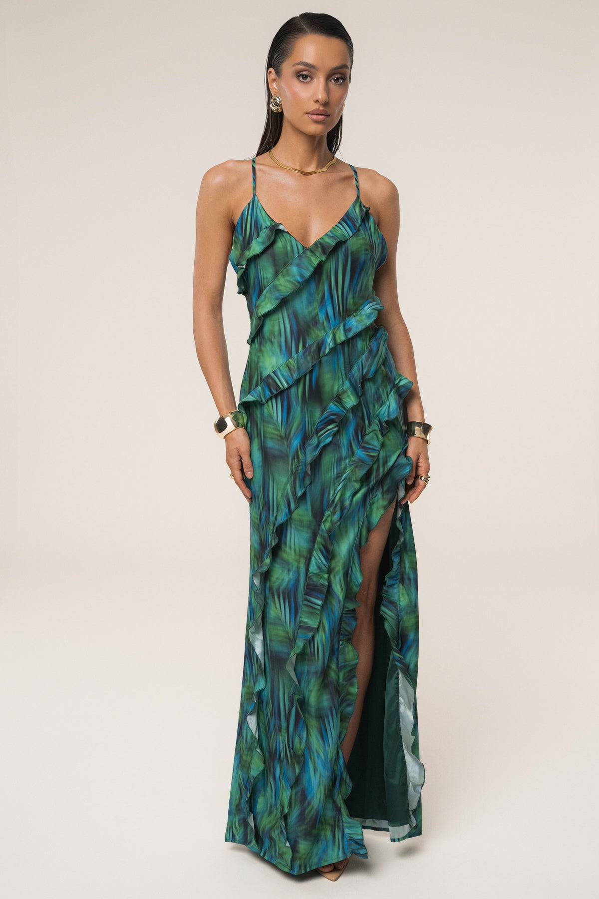 Tropical Print V-Neck Ruffle Trim High Split Maxi Dress