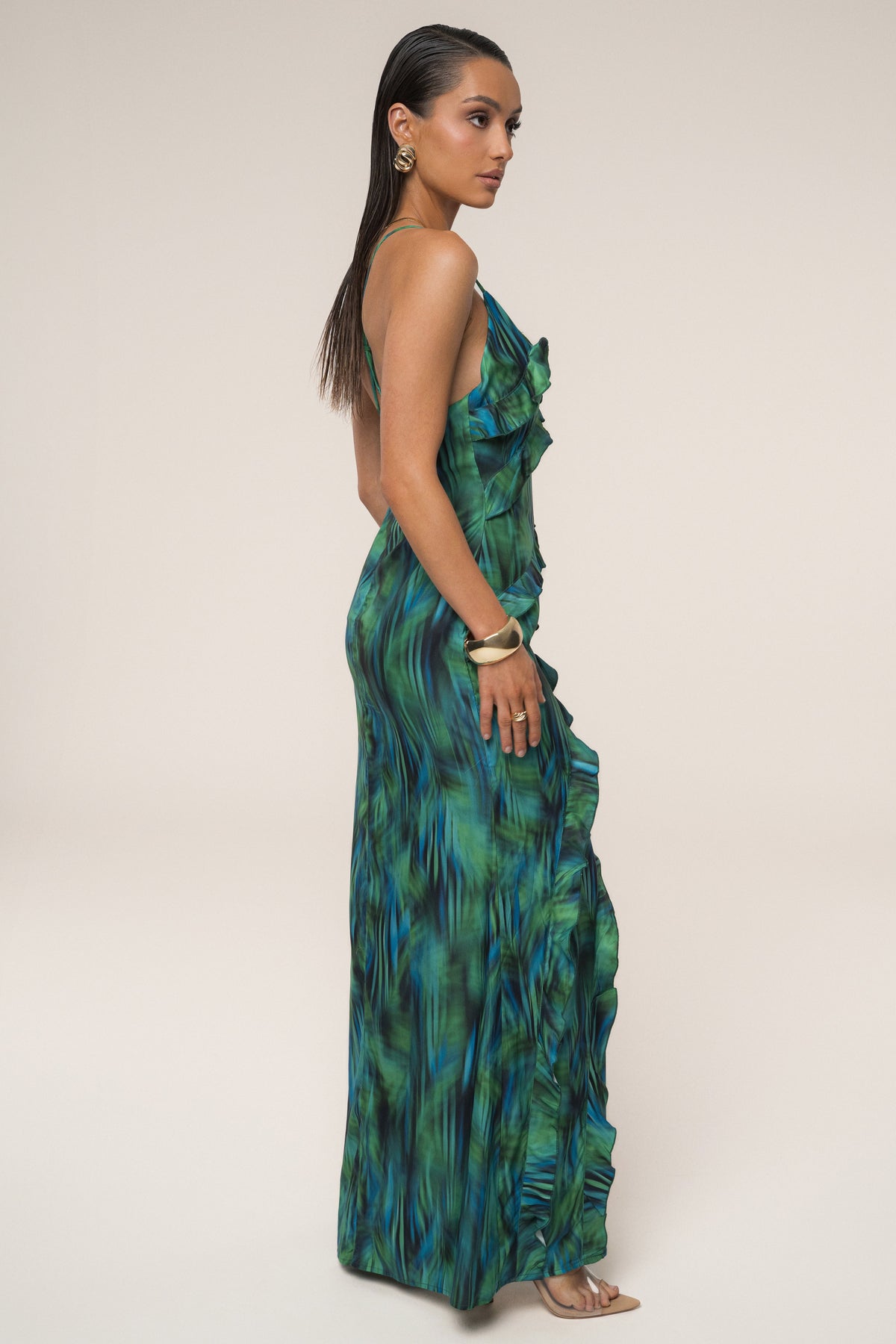 Tropical Print V-Neck Ruffle Trim High Split Maxi Dress 6