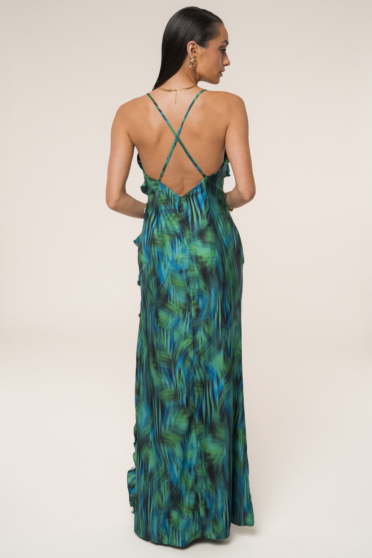 Tropical Print V-Neck Ruffle Trim High Split Maxi Dress 7