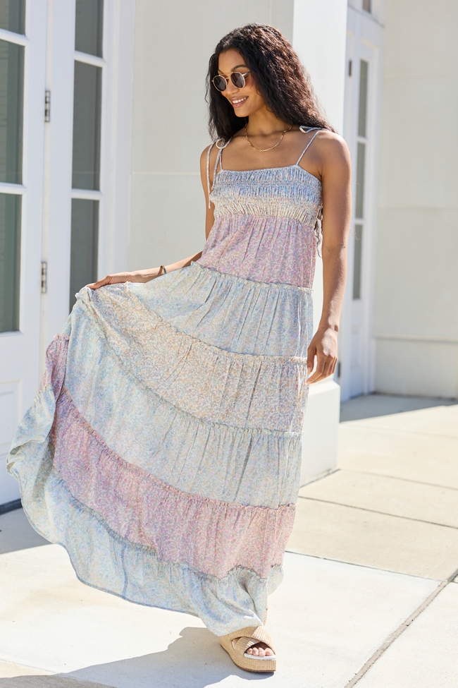 Paisley Print Smocked Bodice Tie Strap Tiered Maxi Dress
