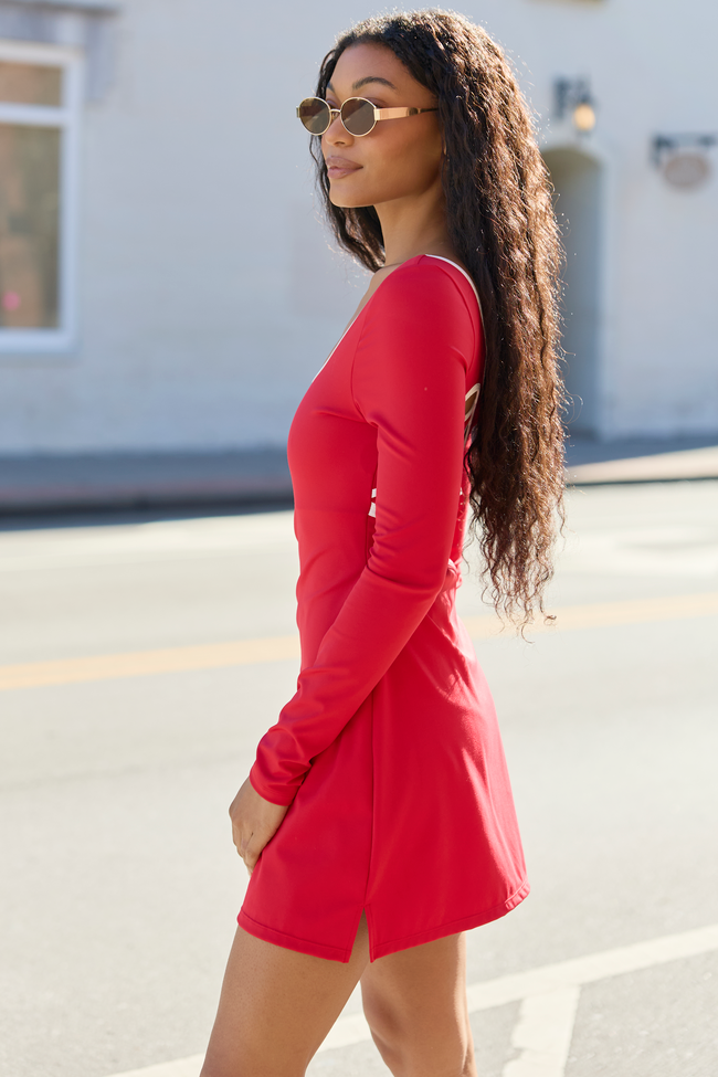 Scoop Neck Long Sleeve Contrast Trim Active Mini Dress 4