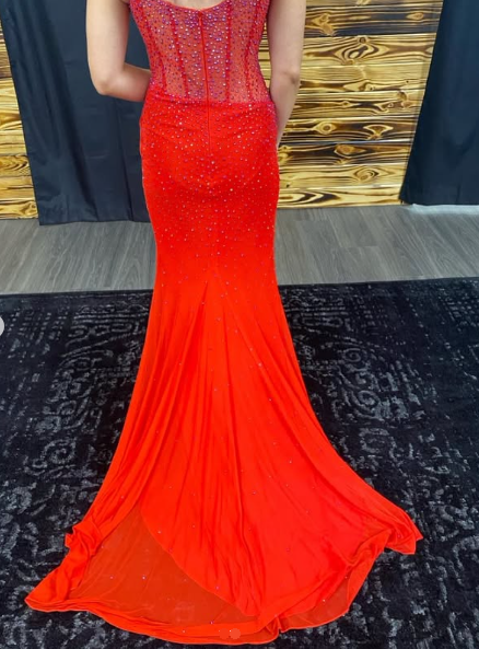 Charming Red Spaghetti Straps Slit Mermaid Evening Dress Formal Prom Dress With Beaded cc1972