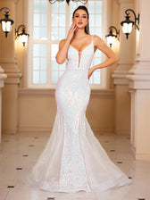 Padded V-Neck Sequin Party Dress White / S Partydress-241208