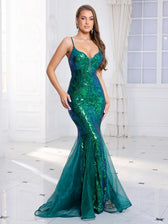 Padded V-Neck Sequin Party Dress Green / S Partydress-241208