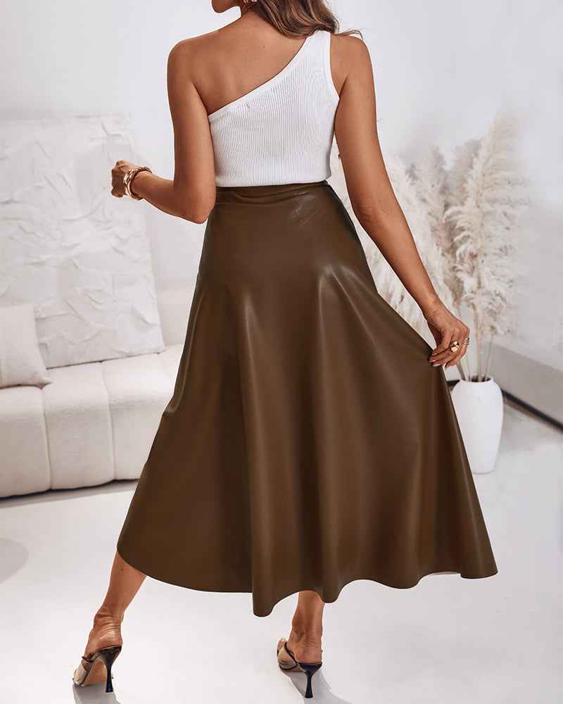 Black Midi Skirt Wrap With Adjustable Side Tie For A Sleek Silhouette Sheen Polyurethane Leather
