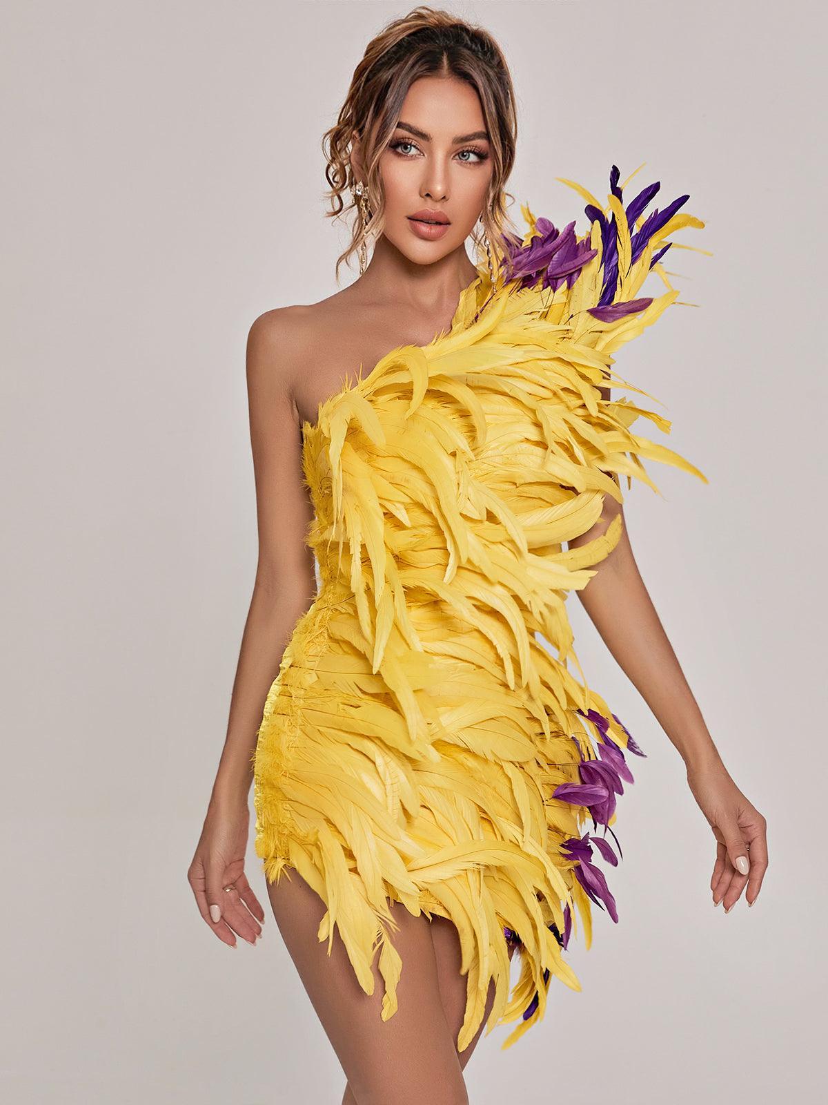 One Shoulder Feather Asymmetric Hem Bodycon Mini Dress