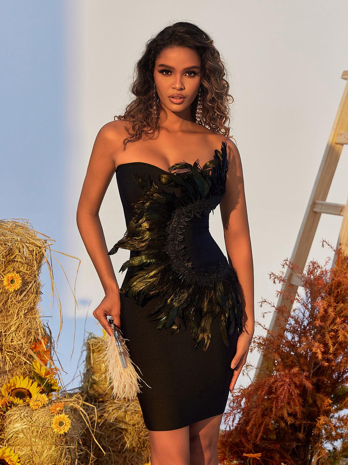 Strapless Feather Trim Lace Applique Bandage Bodycon Mini Dress