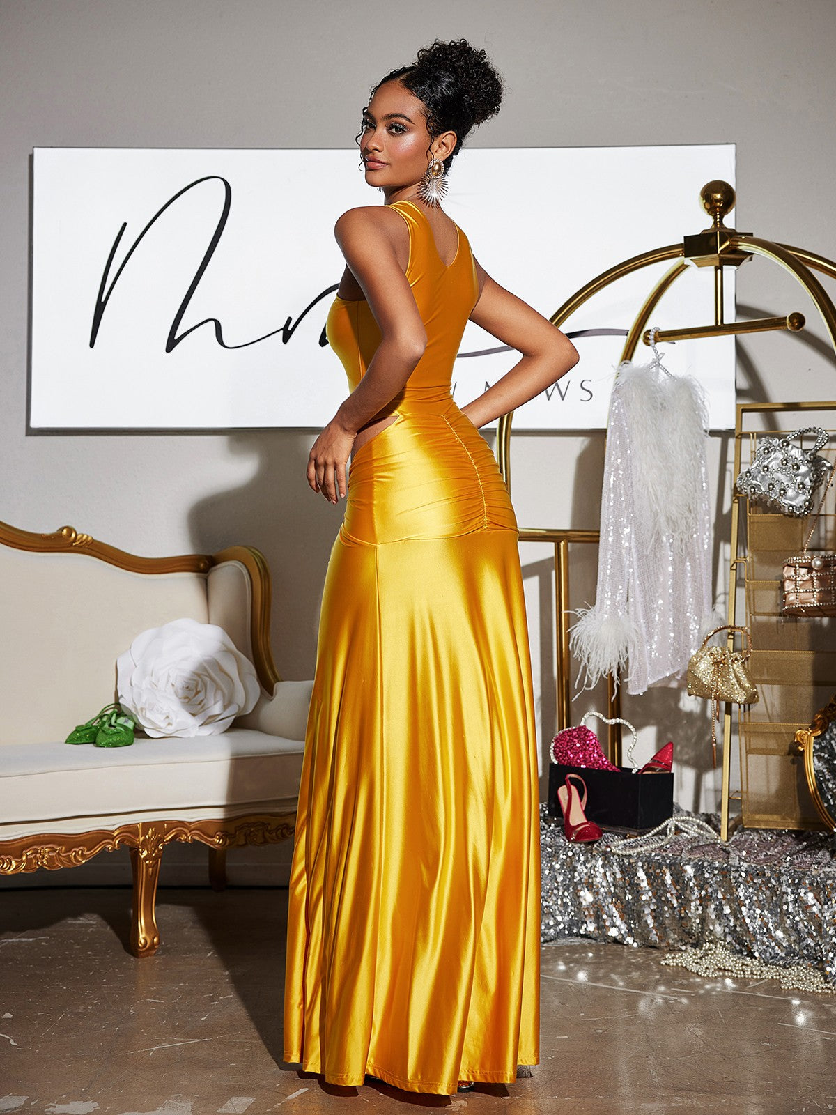 Crystal Cutout Satin Maxi Dress - View 6