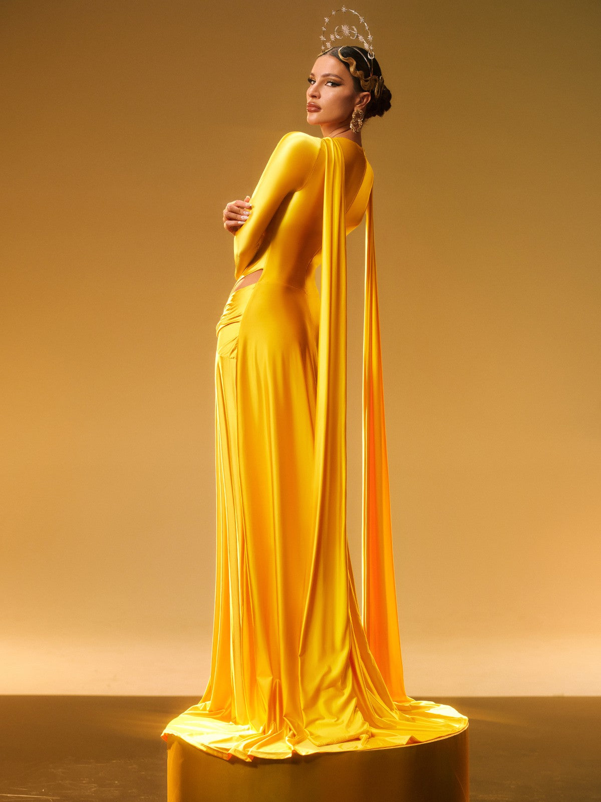 Long Sleeve Crystal Satin Maxi Dress - View 6