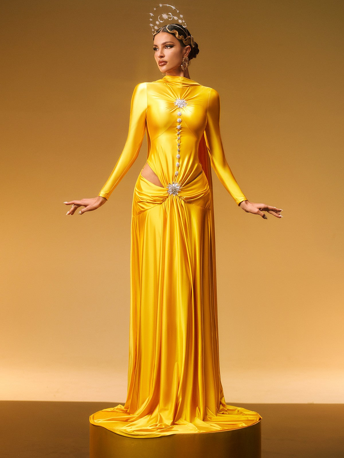 Long Sleeve Crystal Satin Maxi Dress - View 3