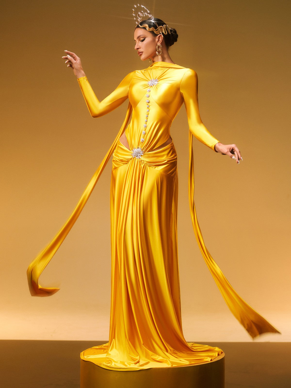 Long Sleeve Crystal Satin Maxi Dress