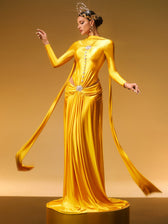 Long Sleeve Crystal Satin Maxi Dress