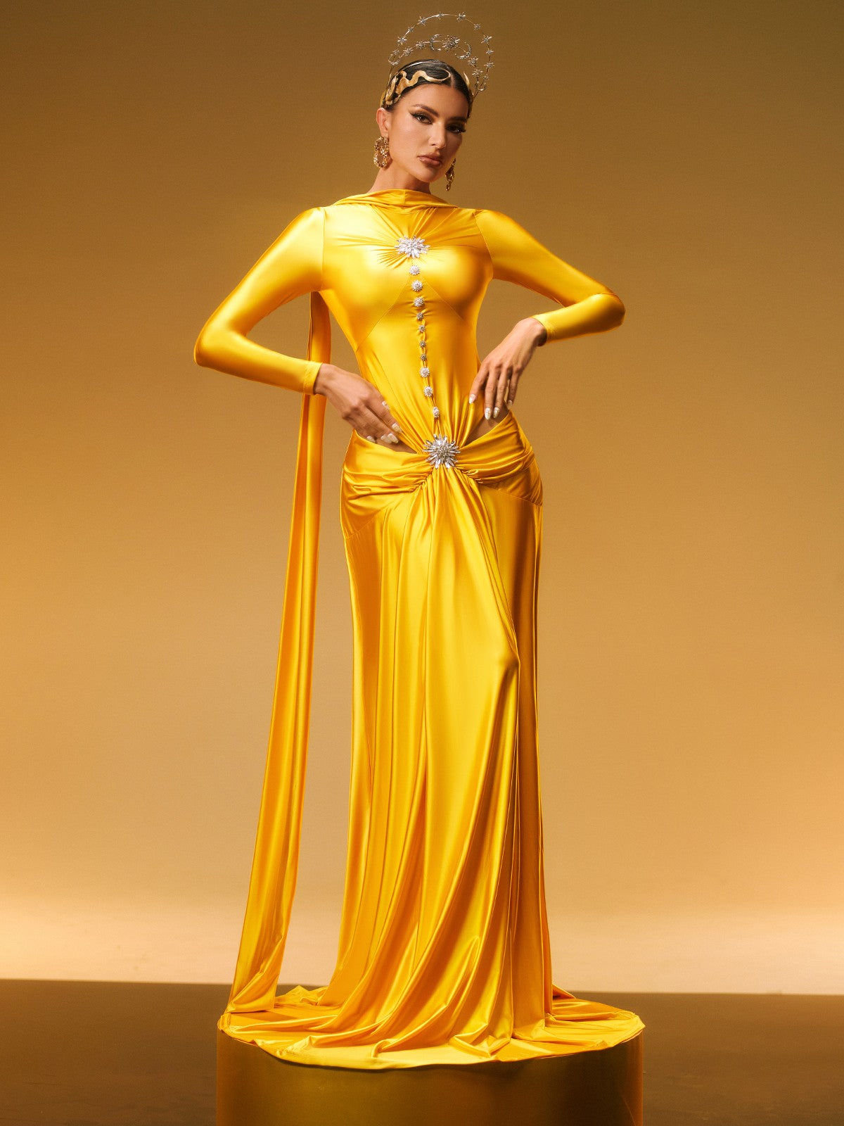 Long Sleeve Crystal Satin Maxi Dress - View 4