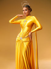 Long Sleeve Crystal Satin Maxi Dress - View 5